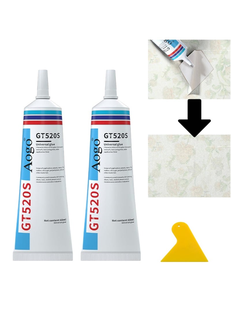 Aikanbo 2 Pack Wallpaper Repair Adhesive with Squeegee Transparent Wallpaper Glue Set for Repairing Tears，Seams，and Edges Super Strong Adhesive，Easy to Apply （60ml + 60ml） - Image 1