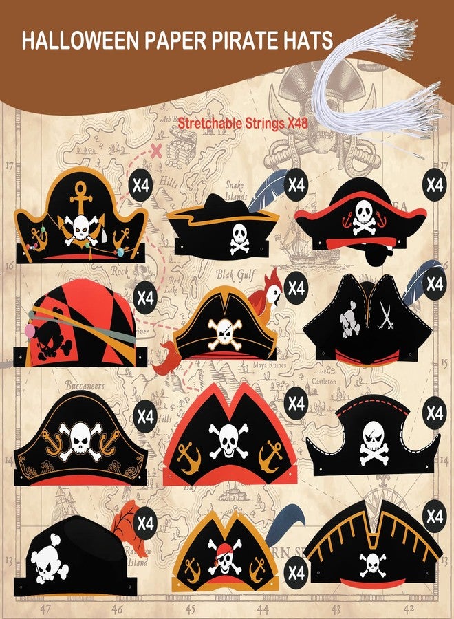 Funtery 48 Pcs Pirate Hat Halloween Pirate Party Accessories Kids Paper Costume Cap for Caribbean Cosplay Favors(Classic) - Image 2