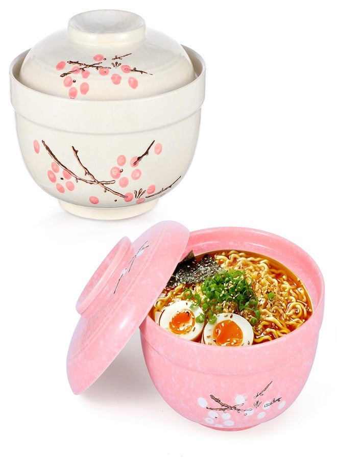 mekueeex 2 Pack Ceramic Ramen Noodle Bowl, 27 OZ Big Ramen Bowl with Lid, Japanese Hand-Painted Ceramic Tableware, Durable Floral Soup Bowl for Noodles, Porridge, Rice, Dishwasher Safe(Pink, Beige) - Image 1