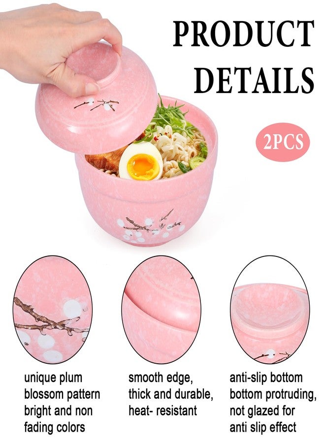 mekueeex 2 Pack Ceramic Ramen Noodle Bowl, 27 OZ Big Ramen Bowl with Lid, Japanese Hand-Painted Ceramic Tableware, Durable Floral Soup Bowl for Noodles, Porridge, Rice, Dishwasher Safe(Pink, Beige) - Image 3