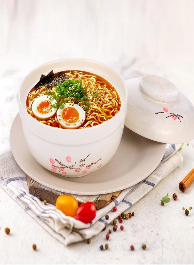 mekueeex 2 Pack Ceramic Ramen Noodle Bowl, 27 OZ Big Ramen Bowl with Lid, Japanese Hand-Painted Ceramic Tableware, Durable Floral Soup Bowl for Noodles, Porridge, Rice, Dishwasher Safe(Pink, Beige) - Image 4