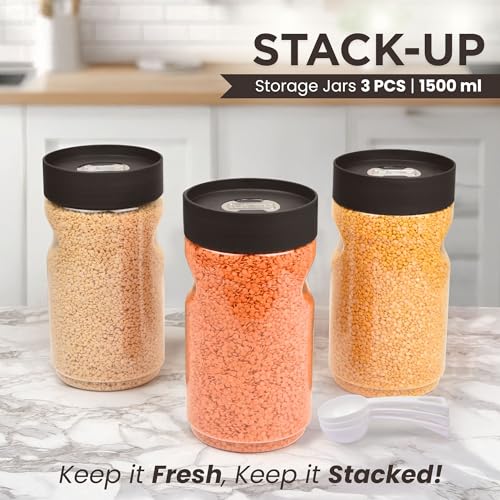 FLAIR StackUp 2000 ML Storage Jars Set of 3 (BROWN) – Airtight Lid, Stackable PET Storage Jars for Kitchen Storage – Perfect for Spices, Pulses, Cereals, Cookies, Dry Food & More - Image 2