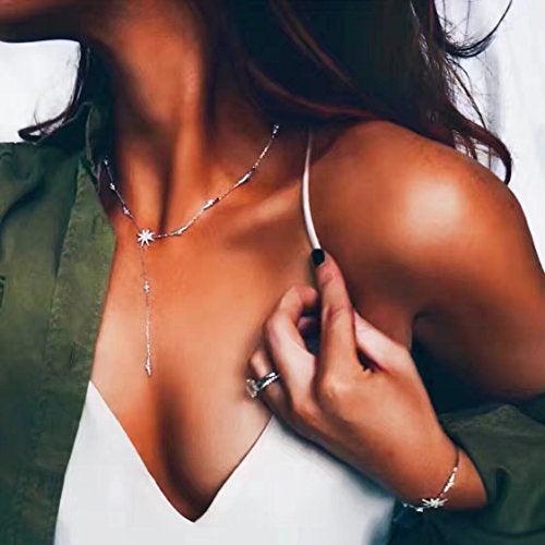 espere Star Drop Y Shaped Lariat Necklace Plated with White Gold - Image 2