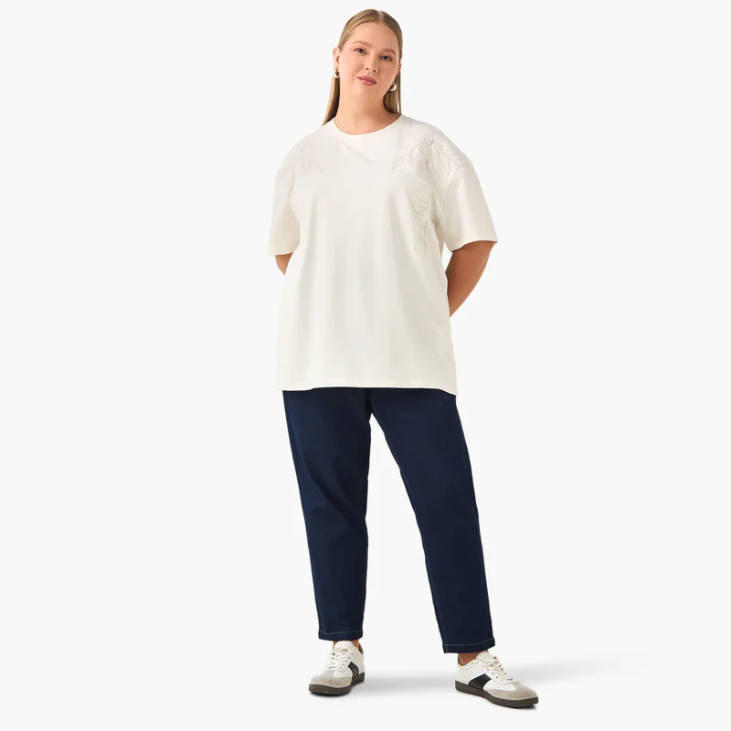  أولا بوبكن Plus Size Ulla Popken Floral Embroidered T-shirt