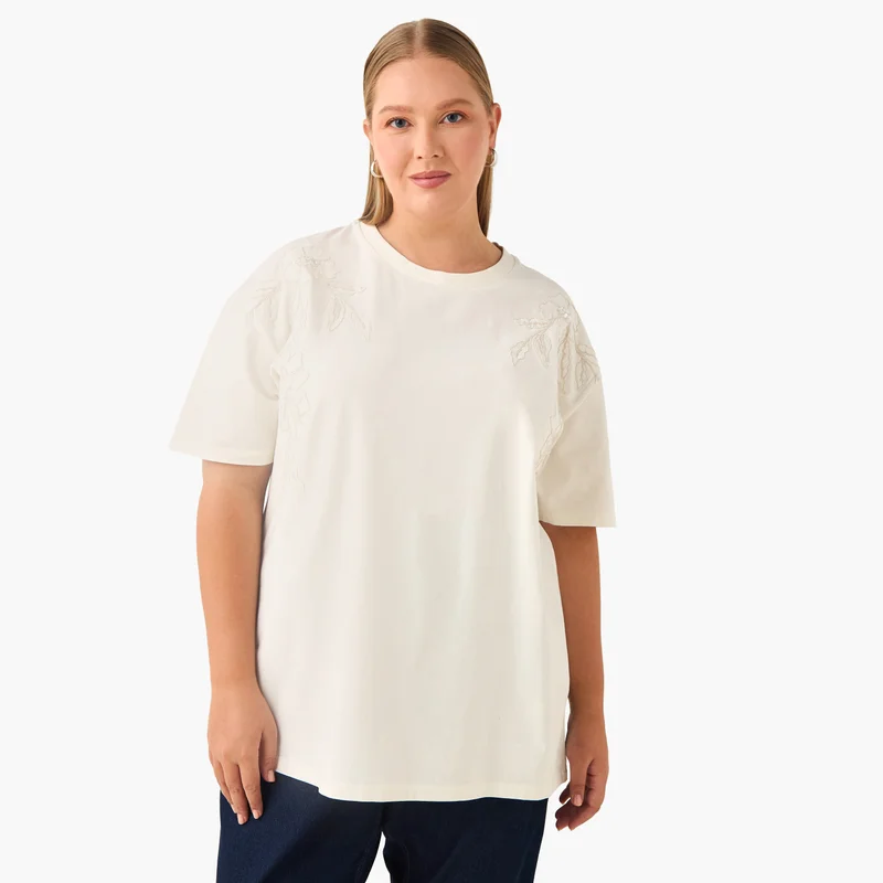  أولا بوبكن Plus Size Ulla Popken Floral Embroidered T-shirt