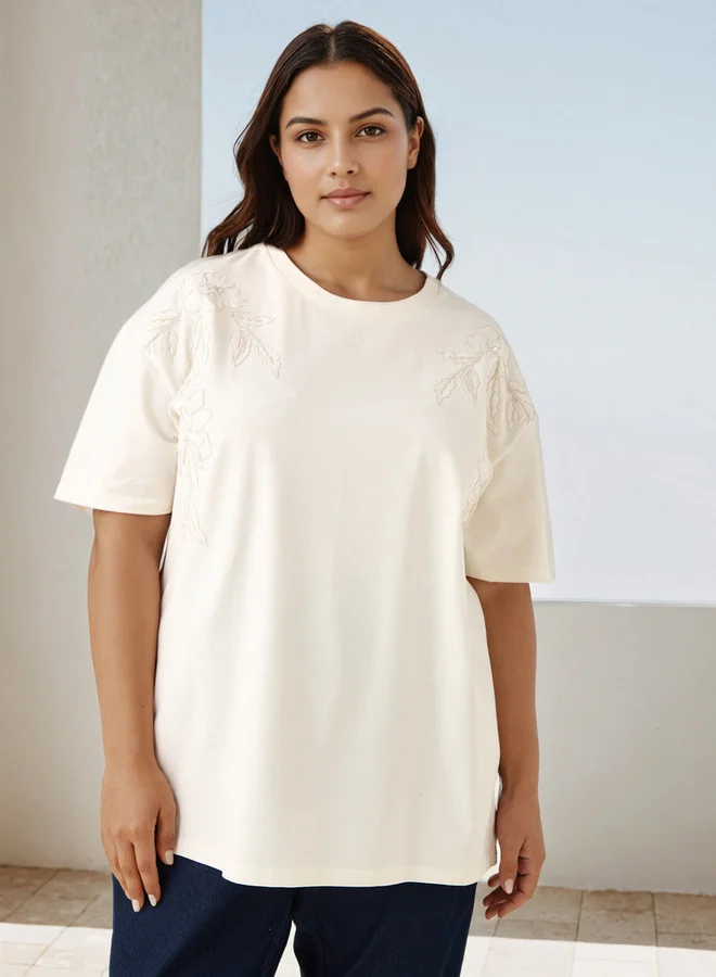 Ulla Popken Plus Size Ulla Popken Floral Embroidered T-shirt
