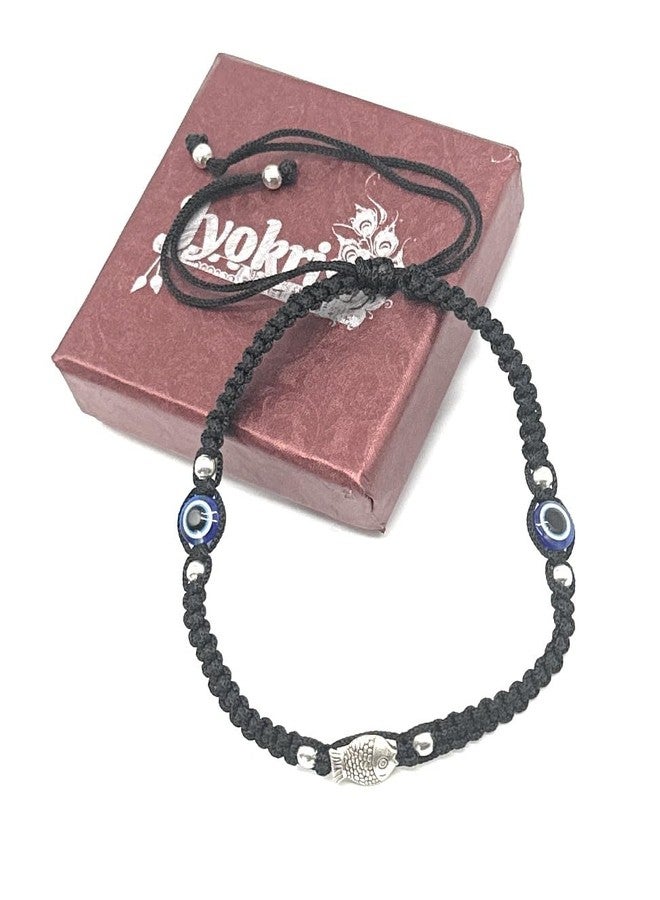 Jyokrish handmade adjustbale Black Silk dori Metal silver Fish evil eye Anklet |For Women |Girls |Nazariya |Good Luck |Payal | Free size |Single Leg - Image 2