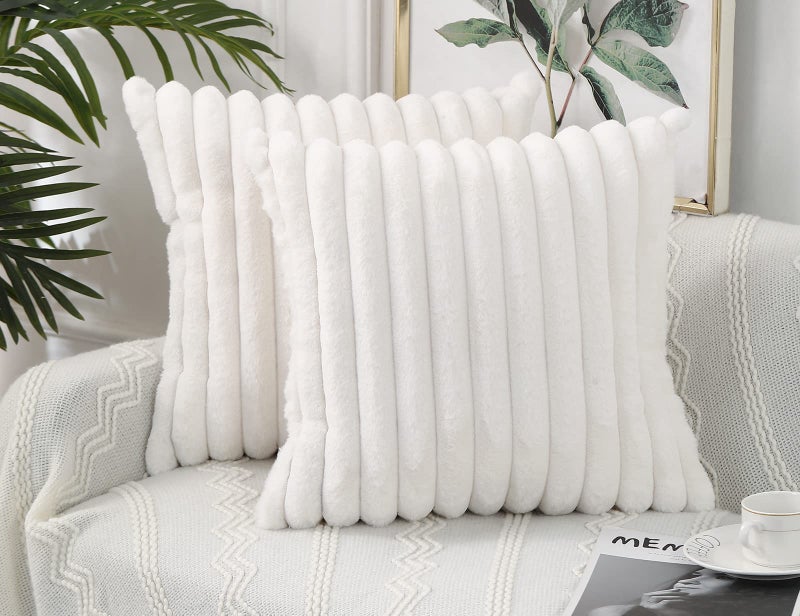 PANOD Set of 2 Faux Fur Decorative Throw Pillow Covers 18 x 18 White Luxury Plush Modern Accent Funky Boho Pillow Covers Pillow Case Cushion Case for Couch Bed Sofa Farmhouse Livingroom Bedroom - Image 3