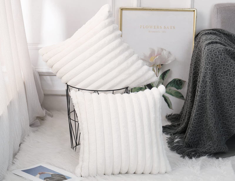 PANOD Set of 2 Faux Fur Decorative Throw Pillow Covers 18 x 18 White Luxury Plush Modern Accent Funky Boho Pillow Covers Pillow Case Cushion Case for Couch Bed Sofa Farmhouse Livingroom Bedroom - Image 2