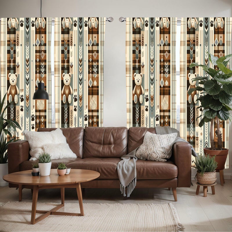 Ambesonne Bear Window Curtains Pack of 2  Modern Scandi Arrow and Leafy Plaid Ornate with Cartoon Paws Earthy Tones  Lightweight Set with Rod Pocket  4 Panels of - 28"" x 63""  Pale Camel Blue Grey - Image 2