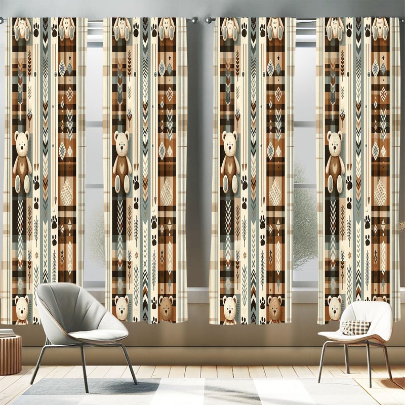 Ambesonne Bear Window Curtains Pack of 2  Modern Scandi Arrow and Leafy Plaid Ornate with Cartoon Paws Earthy Tones  Lightweight Set with Rod Pocket  4 Panels of - 28"" x 63""  Pale Camel Blue Grey - Image 1