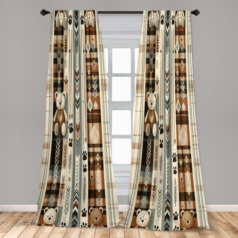Ambesonne Bear Window Curtains Pack of 2  Modern Scandi Arrow and Leafy Plaid Ornate with Cartoon Paws Earthy Tones  Lightweight Set with Rod Pocket  4 Panels of - 28"" x 63""  Pale Camel Blue Grey - Image 4
