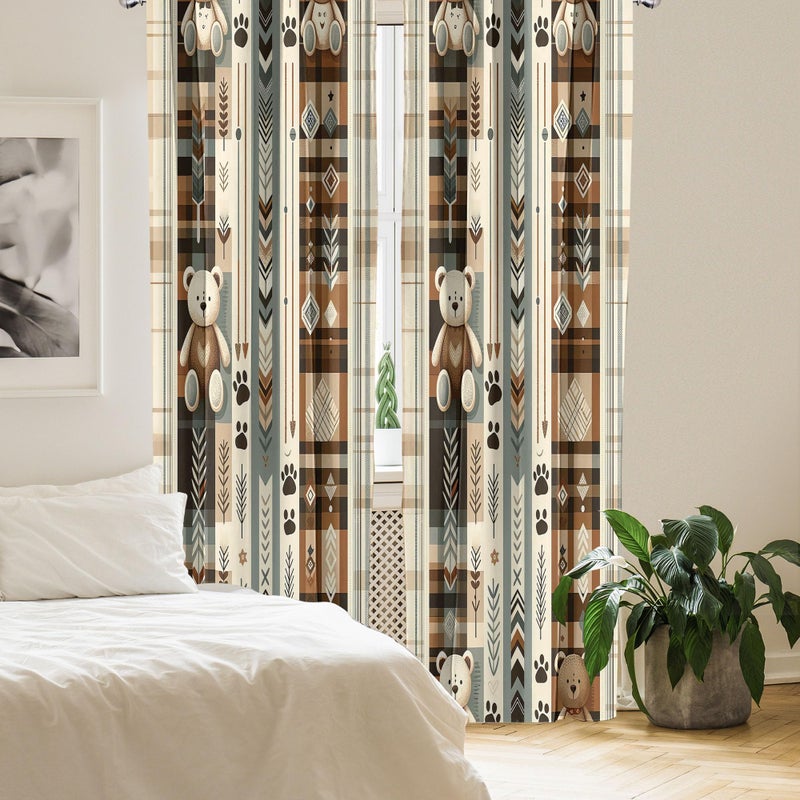 Ambesonne Bear Window Curtains Pack of 2  Modern Scandi Arrow and Leafy Plaid Ornate with Cartoon Paws Earthy Tones  Lightweight Set with Rod Pocket  4 Panels of - 28"" x 63""  Pale Camel Blue Grey - Image 3
