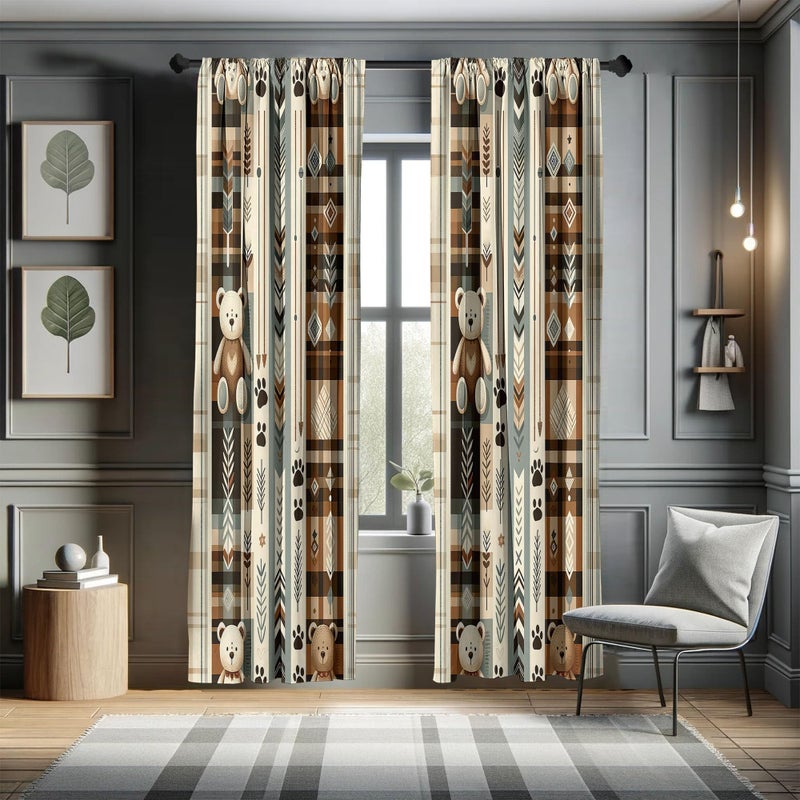 Ambesonne Bear Window Curtains Pack of 2  Modern Scandi Arrow and Leafy Plaid Ornate with Cartoon Paws Earthy Tones  Lightweight Set with Rod Pocket  4 Panels of - 28"" x 63""  Pale Camel Blue Grey - Image 5