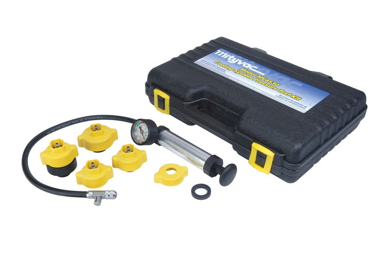 Mityvac MV4530 Automotive Cooling System Pressure Test Kit, Hand-Operated, Push-Button Valve, Self-Locking Quick-disconnects, Includes 4 Radiator/Coolant Bottle-Neck Adapters, Custom Molded Case - Image 1