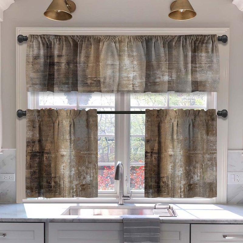 MCALK Brown Blackout Kitchen Curtains Tiers and Valances Set 3 Piece for Windows Grey Kitchen Window Curtains SetModern Abstract Art Valances for Living Room36 Tiers Set