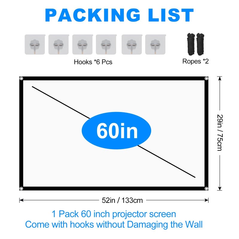 OKEDUO 60 Inch Projector Screen, OKEDUO 4K 16:9 HD Portable Projection Movie Screen, Anti-Crease Indoor Outdoor, Simple Install, Easy Carrying Projection Screen for Camping, RVing, Outdoor Theater Nights - Image 2
