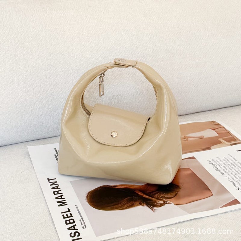 Top Layer Cowhide Lunch Box Bag Hand Carrying Small Bag Womens High-Level Niche Design Cloud Bag All-Match Crossbody Bag Dumpling Bag Apricot with long shoulder straps, first layer of cowhide, ready stock