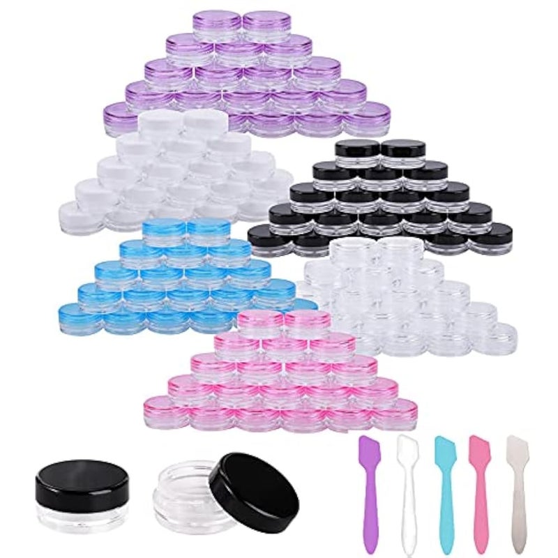 Bekith 120pcs 3 Gram / 3ML Empty Sample Containers with Lids, Plastic Small Pot Jars Clear Tiny Makeup Cosmetic Containers for Creams, Eye Shadow, Powder, with 5 Pieces Mini Spatulas - Image 1