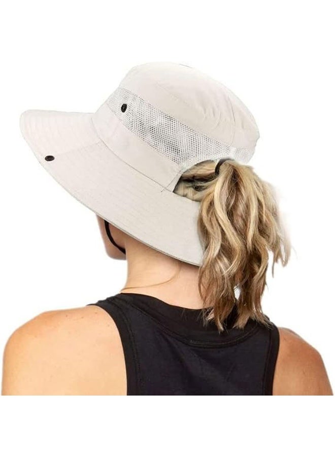 Damen Outdoor UV-Schutz Faltbare Sonnenhte Mesh Breiter Rand Strand Fischerhut mit Pferdeschwanzloch - Image 1