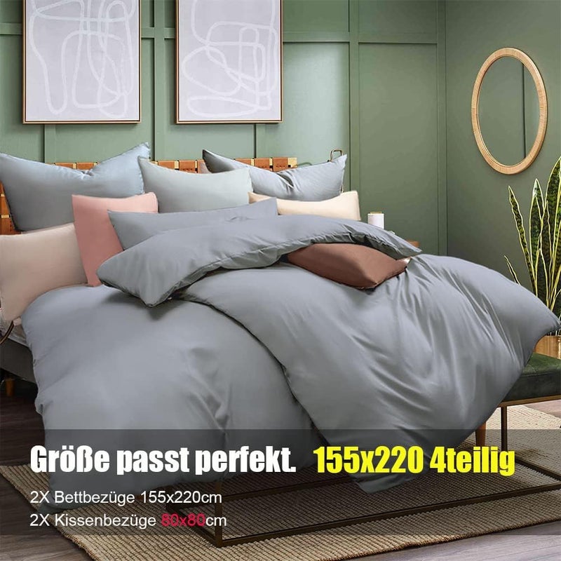 Soifox أغطية سرير 155 × 220 سم 4 قطع رمادي - 2 غطاء لحاف 155 × 220 سم + 2 كيس وسادة 80 × 80 سم، مايكروفايبر ناعم وغير قابل للكي مع سحاب (4 قطع 155 × 220 سم، رمادي) - Image 2
