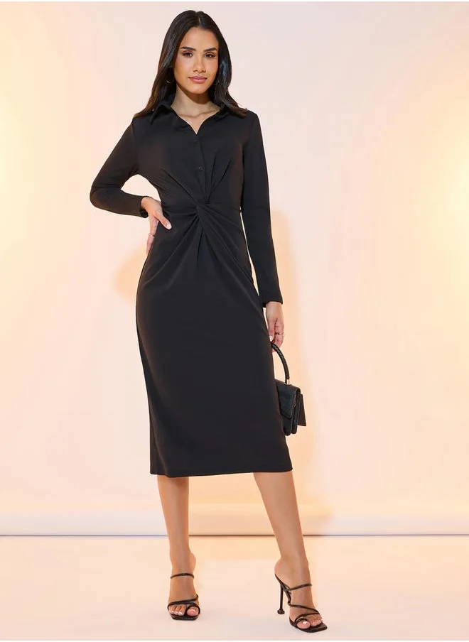 Styli Solid Polo Neck Twist Detail Midi Dress