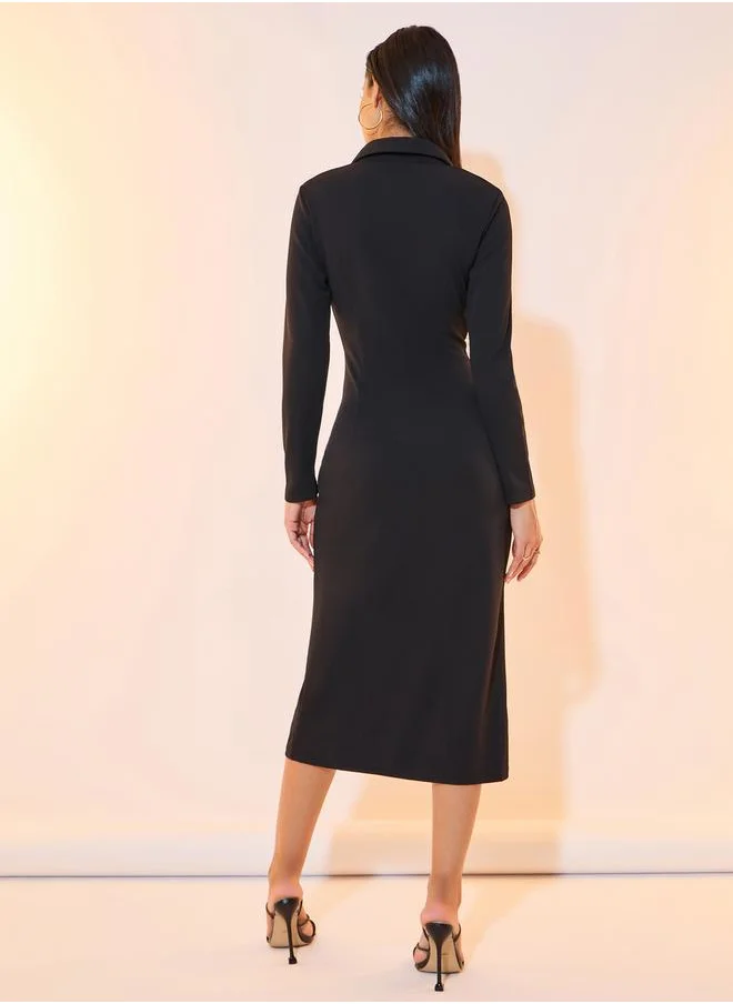 Styli Solid Polo Neck Twist Detail Midi Dress