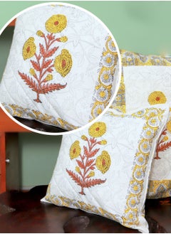 OJARIYA Yellow Flower Hand Block Printed ​Organic Cotton Quilted Non Allergenic Cushion Cover 40 Cm X 40 Cm  - Image 5