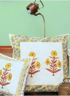 OJARIYA Yellow Flower Hand Block Printed ​Organic Cotton Quilted Non Allergenic Cushion Cover 40 Cm X 40 Cm  - Image 4