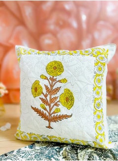 OJARIYA Yellow Flower Hand Block Printed ​Organic Cotton Quilted Non Allergenic Cushion Cover 40 Cm X 40 Cm  - Image 3