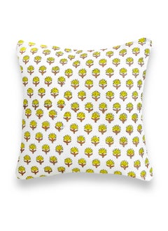 OJARIYA Yellow Flower Hand Block Printed ​Organic Cotton Quilted Non Allergenic Cushion Cover 40 Cm X 40 Cm  - Image 1