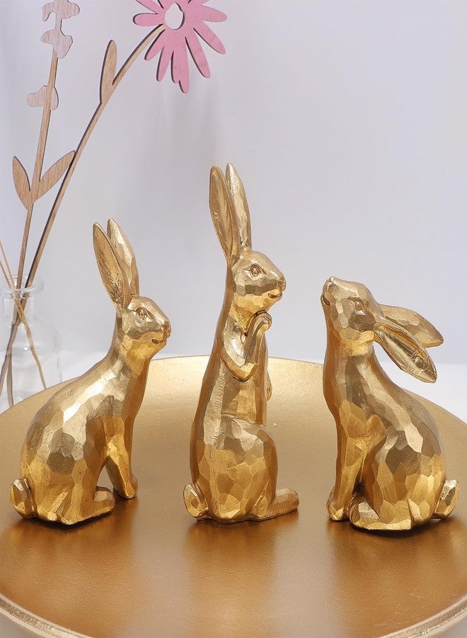 Glintoper 3 Pack Easter Bunny Figurines Decor, Mini Resin Golden Bunnies Spring Sculpture Tabletop Ornament, Rabbits Festival Present for Garden Home Table Office Dining Room Mantle Party Supplies - Image 1