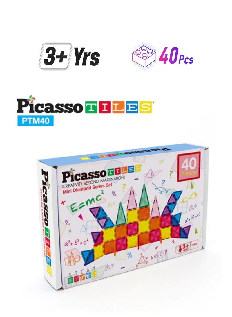 PicassoTiles 40 قطعة من كتل البناء المغناطيسية سلسلة الماس المصغرة بحجم السفر مجموعة ألعاب البناء المغناطيسية للتعليم STEM مجموعة اللعب التعليمية لتطوير دماغ الطفل كتل تكديس PTM40 للأولاد والبنات من عمر 3 سنوات فما فوق - Image 1