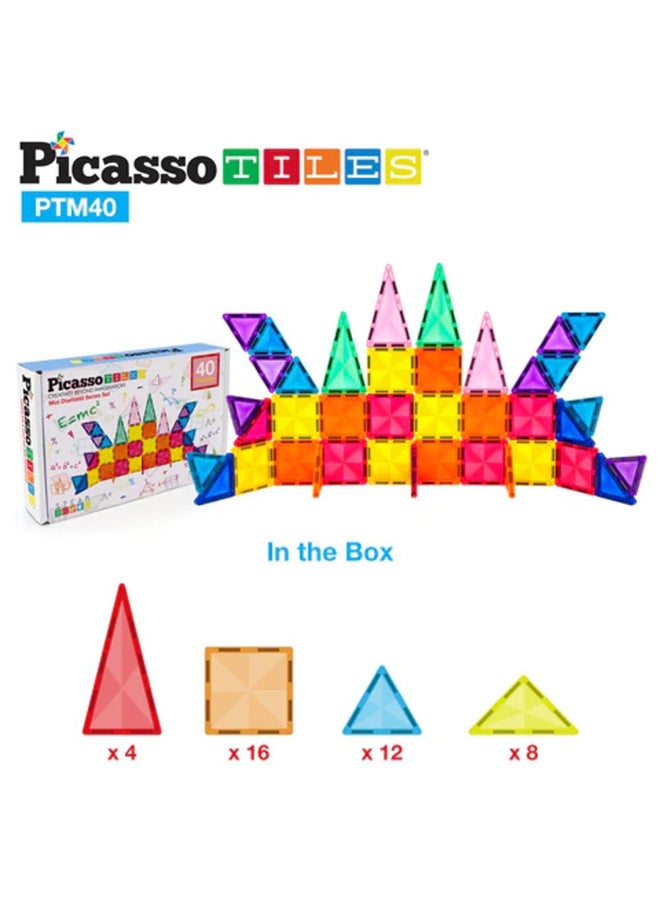 PicassoTiles 40 قطعة من كتل البناء المغناطيسية سلسلة الماس المصغرة بحجم السفر مجموعة ألعاب البناء المغناطيسية للتعليم STEM مجموعة اللعب التعليمية لتطوير دماغ الطفل كتل تكديس PTM40 للأولاد والبنات من عمر 3 سنوات فما فوق - Image 4