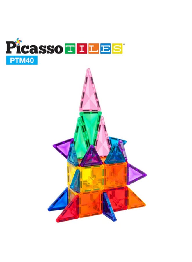 PicassoTiles 40 قطعة من كتل البناء المغناطيسية سلسلة الماس المصغرة بحجم السفر مجموعة ألعاب البناء المغناطيسية للتعليم STEM مجموعة اللعب التعليمية لتطوير دماغ الطفل كتل تكديس PTM40 للأولاد والبنات من عمر 3 سنوات فما فوق - Image 3