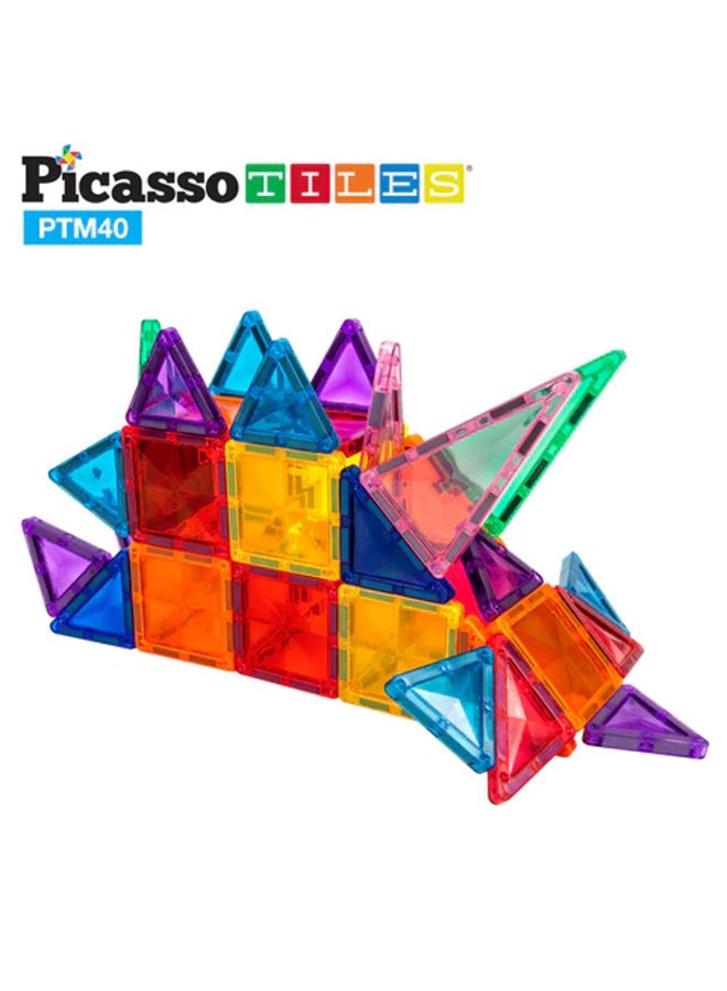 PicassoTiles 40 قطعة من كتل البناء المغناطيسية سلسلة الماس المصغرة بحجم السفر مجموعة ألعاب البناء المغناطيسية للتعليم STEM مجموعة اللعب التعليمية لتطوير دماغ الطفل كتل تكديس PTM40 للأولاد والبنات من عمر 3 سنوات فما فوق - Image 2