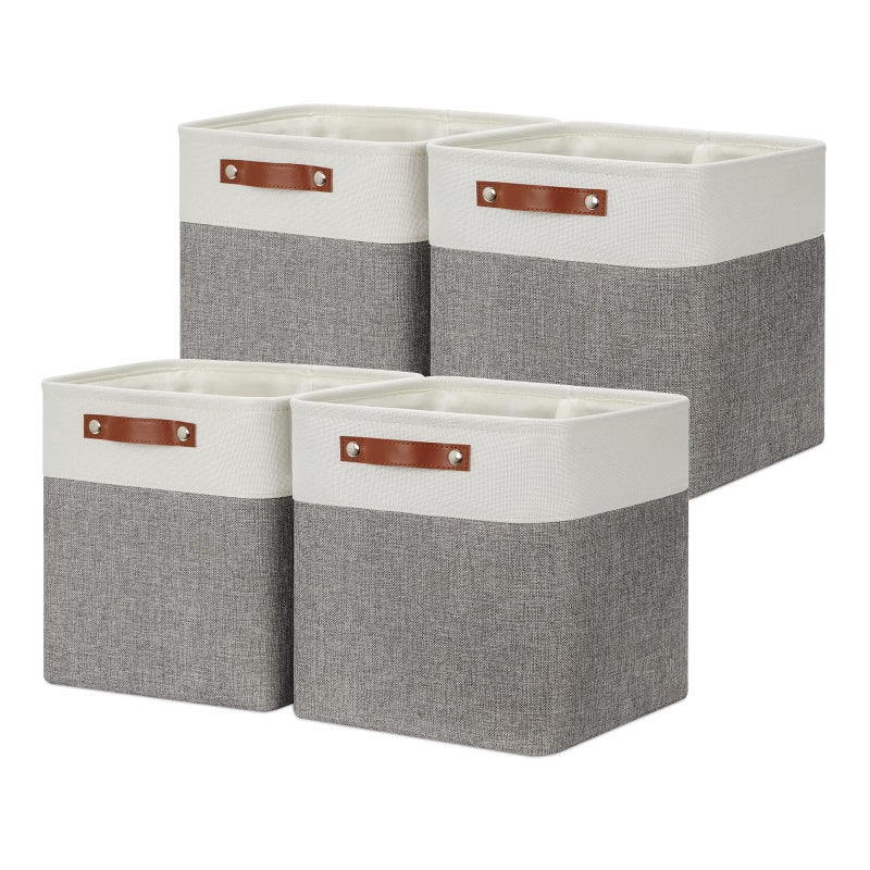 DULLEMELO Set of 4 Storage Cubes Baskets for Organizing 12 x 12 x 12 inch Cube Storage Organizer Bins with Leather Handles Foldable Fabric Cloth Bins for Cube Storage4 Pack 12 WhiteGrey