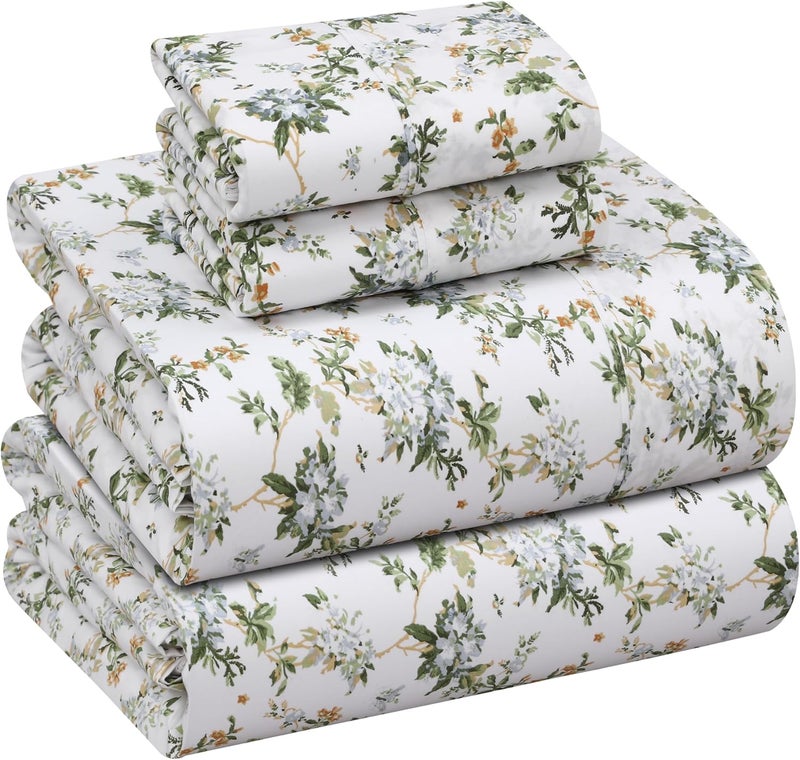 RUVANTI 100% Cotton King Size Sheets Set, 4 Pieces, Soft & Breathable Percale Weave Bedding, Deep Pocket 16", Hotel Standard, Crisp Cool Feel, Durable, Perfect Floral Bed Sheet, Heritage - Image 1