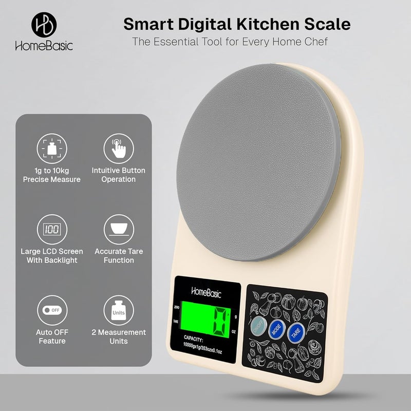 Home Basic ميزان مطبخ رقمي 10 كجم: دقة عالية 1 جرام | وظيفة الطي، شاشة LCD، وزن محمول متعدد الوحدات (جرام، أونصة) لقياس الطعام للطهي والخبز والحمية (بيج + رمادي) - Image 2