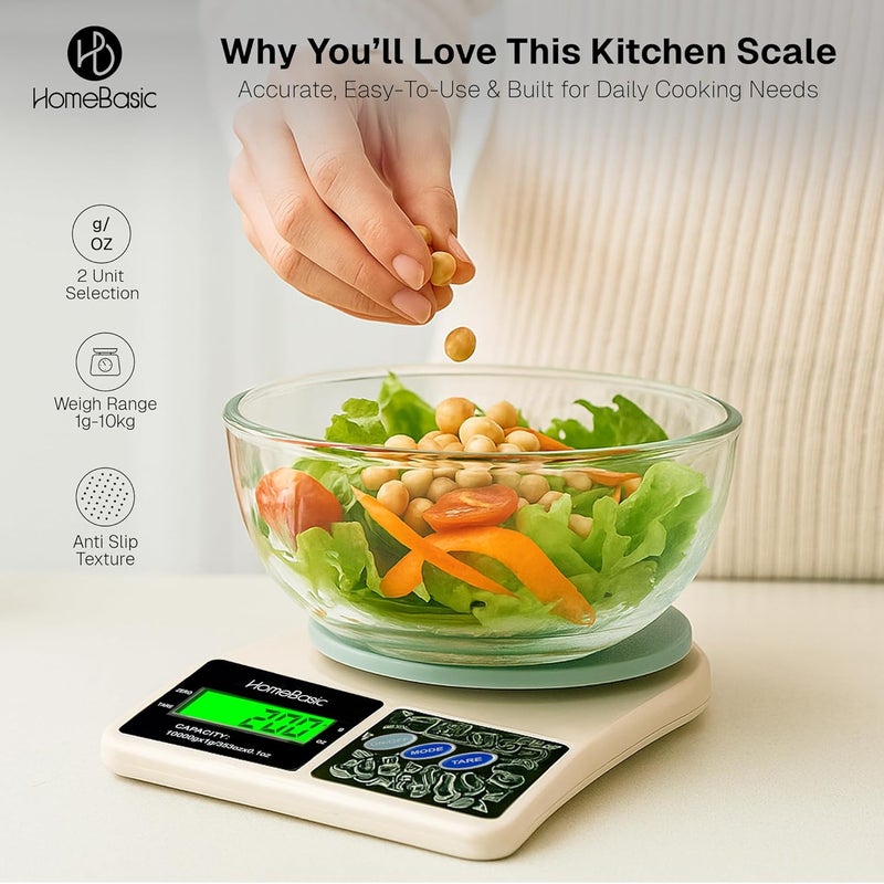 Home Basic ميزان مطبخ رقمي 10 كجم: دقة عالية 1 جرام | وظيفة الطي، شاشة LCD، وزن محمول متعدد الوحدات (جرام، أونصة) لقياس الطعام للطهي والخبز والحمية (بيج + رمادي) - Image 3