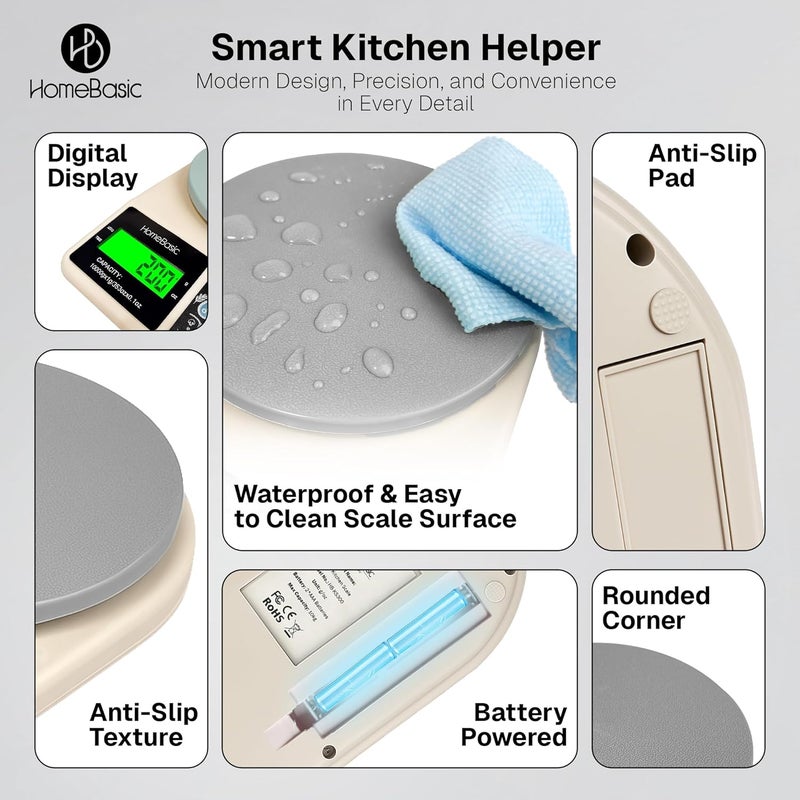 Home Basic ميزان مطبخ رقمي 10 كجم: دقة عالية 1 جرام | وظيفة الطي، شاشة LCD، وزن محمول متعدد الوحدات (جرام، أونصة) لقياس الطعام للطهي والخبز والحمية (بيج + رمادي) - Image 4