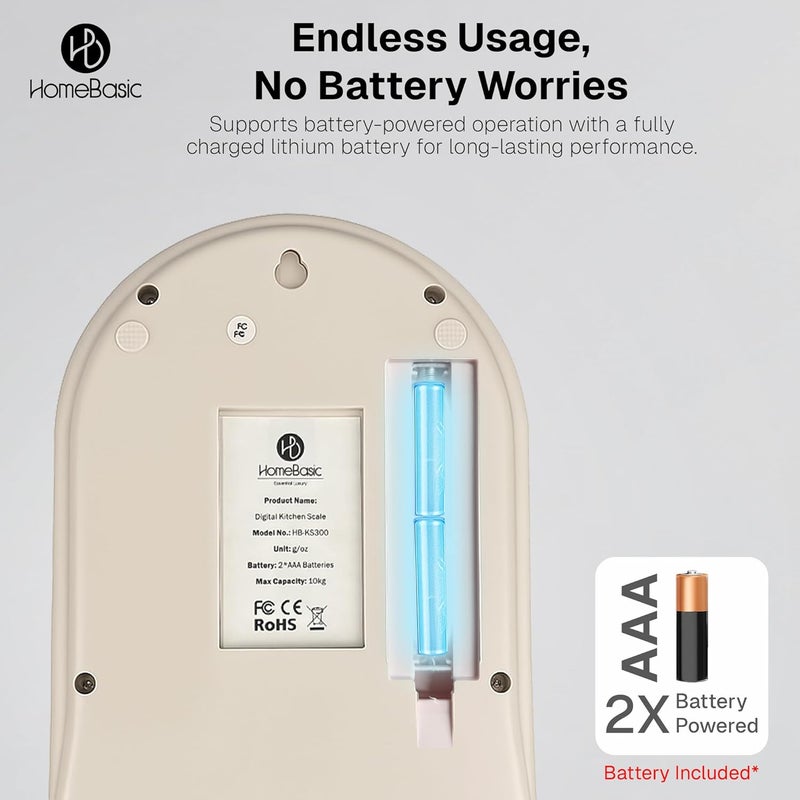 Home Basic ميزان مطبخ رقمي 10 كجم: دقة عالية 1 جرام | وظيفة الطي، شاشة LCD، وزن محمول متعدد الوحدات (جرام، أونصة) لقياس الطعام للطهي والخبز والحمية (بيج + رمادي) - Image 5
