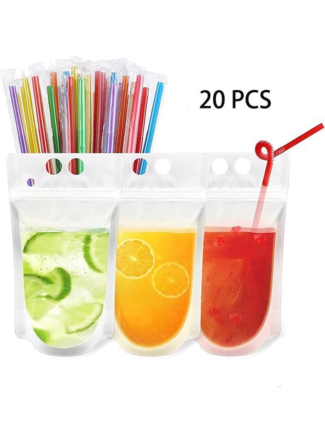 20 Pcs Drink Pouches Clear Drink Bags with Disposable Plastic Straws Smoothie Bags Juice Bags Double Zipper Handheld Translucent Stand-up Frozen Drink Pouches with Straws  - Image 1