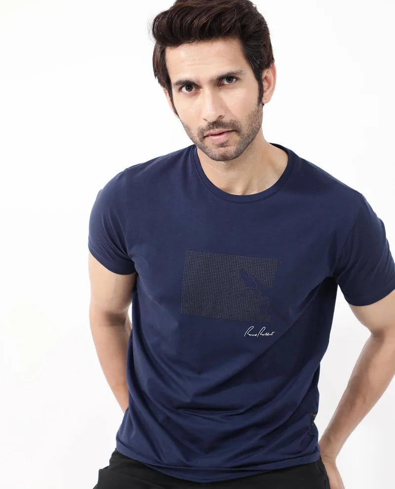 رير رابِت Rare Rabbit Articale Mens Lowell Navy Cotton Polyester Fabric Short Sleeve Crew Neck Regular Fit Graphic Printed T-Shirt