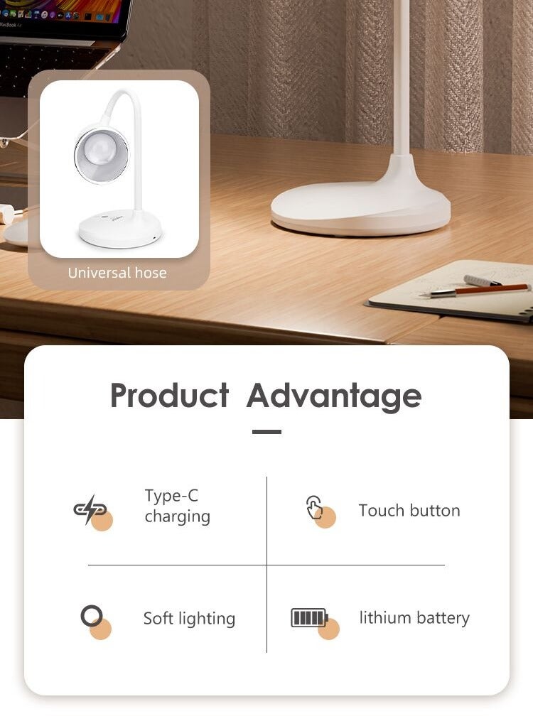 WEIDASI Rechargeable Desk Lamp, 2400mAh, 3 Light Modes, Touch Control, Adjustable Brightness, Soft Eye-Friendly Light, Energy Saving, USB Type-C, Table Lamp with Adjustable Arm - Image 4