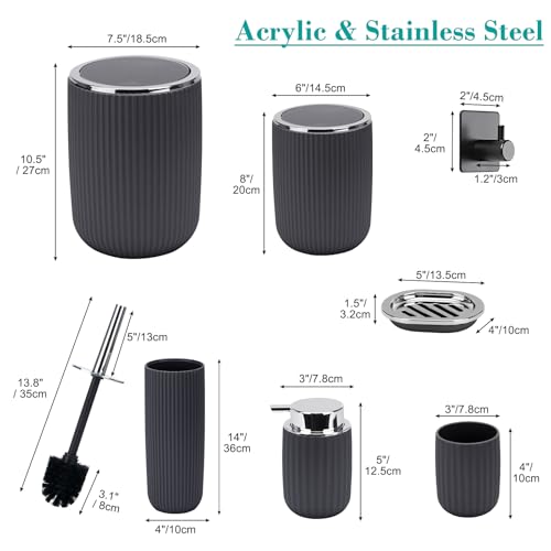 Boperzi Bathroom Accessories Set Complete: 8pc Bathroom Accessory Set with Trash Can 2pc for Floor/Counter, Toilet Brush, Soap Dispenser, Toothbrush Holder, Adhesive Hook, Grey Modern Bathroom Set - Image 2