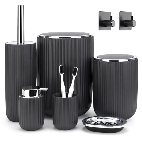 Boperzi Bathroom Accessories Set Complete: 8pc Bathroom Accessory Set with Trash Can 2pc for Floor/Counter, Toilet Brush, Soap Dispenser, Toothbrush Holder, Adhesive Hook, Grey Modern Bathroom Set - Image 1