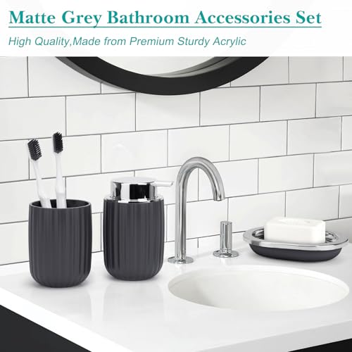 Boperzi Bathroom Accessories Set Complete: 8pc Bathroom Accessory Set with Trash Can 2pc for Floor/Counter, Toilet Brush, Soap Dispenser, Toothbrush Holder, Adhesive Hook, Grey Modern Bathroom Set - Image 5