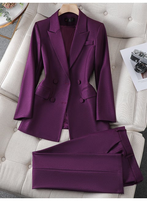 Elegant Business Ladies 2 Piece Blazer Set Long Sleeve Jacket High Quality Wool Blend Fabric Comfortable Stretchy Fit Purple 2 Piece Set