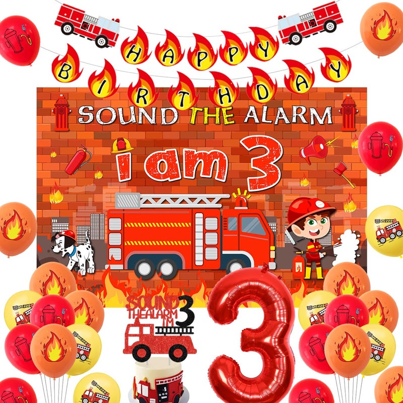 Balterever Fire Truck 3rd Birthday Decoration Sound the Alarm I Am 3 Birthday Decorations Sound the Alarm I Am Happy Bday Banner Backdrop Cake Topper Firemen Bday Decorations for 3rd Bday Supplies - Image 3